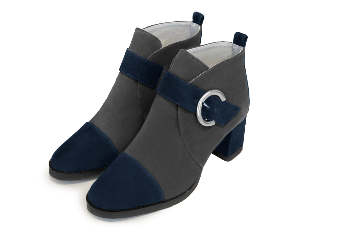 Navy blue and dark grey women's ankle boots with buckles at the front. Round toe. Medium block heels. Front view - Florence KOOIJMAN